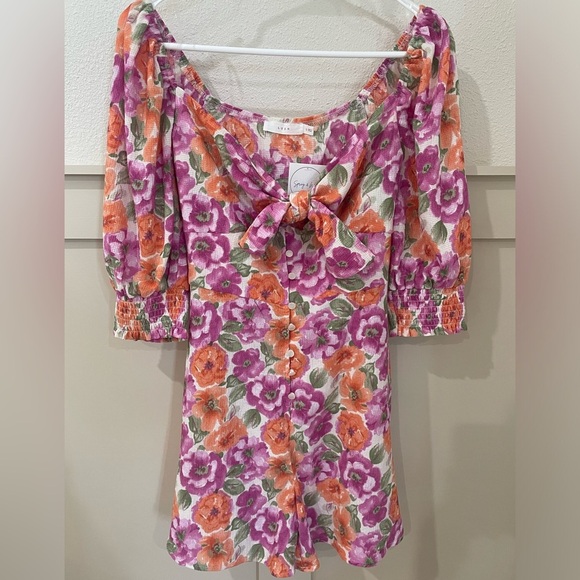 Lush Pink and Orange Floral Font-Tie Romper with Puff Sleeves Small - Picture 6 of 12